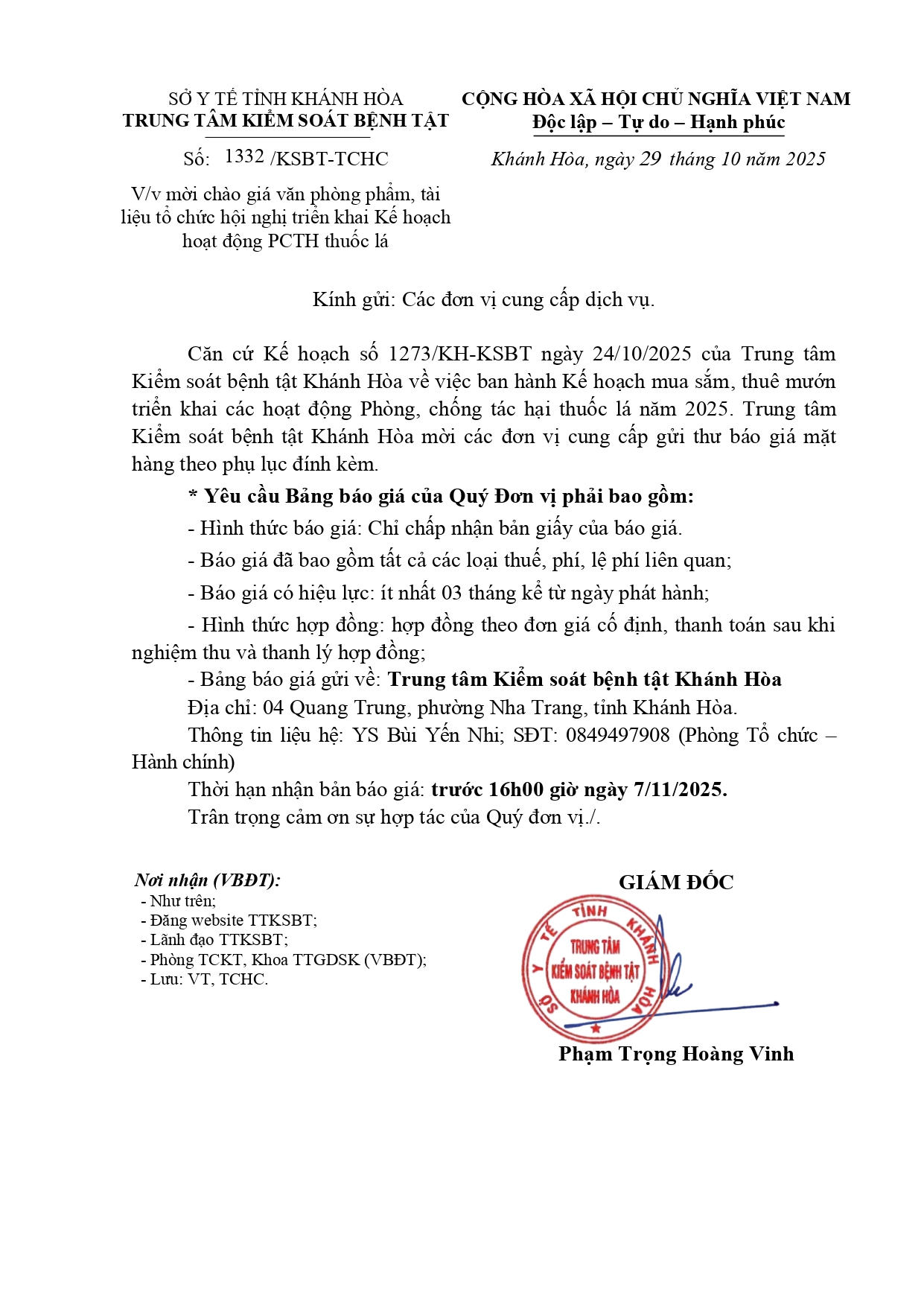 V/v mời chào giá văn phòng phẩm, tài liệu tổ chức hội nghị triển khai Kế hoạch hoạt động PCTH thuốc lá